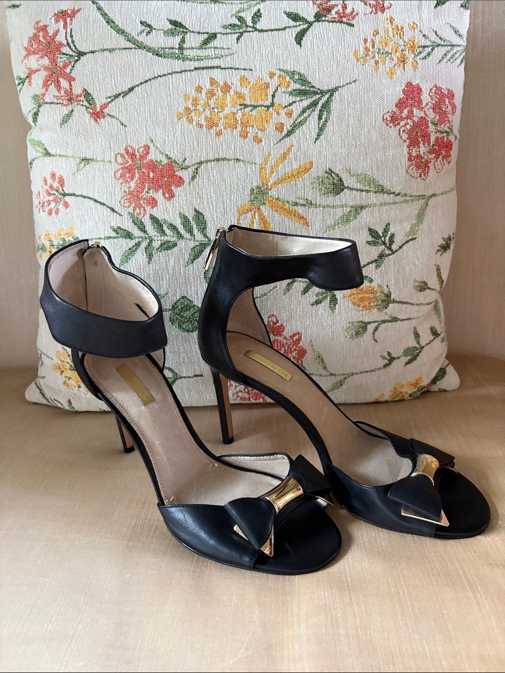 Louise et Cie Black Sandal Stiletto Ankle-Strap with Gold Accent